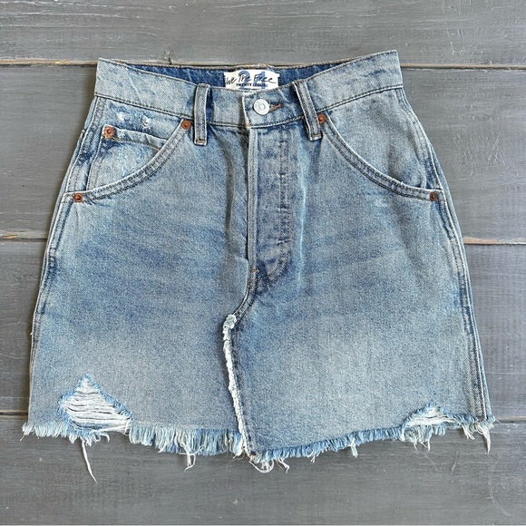 Free People Distressed Denim Mini Skirt - Blue - Picture 1 of 8